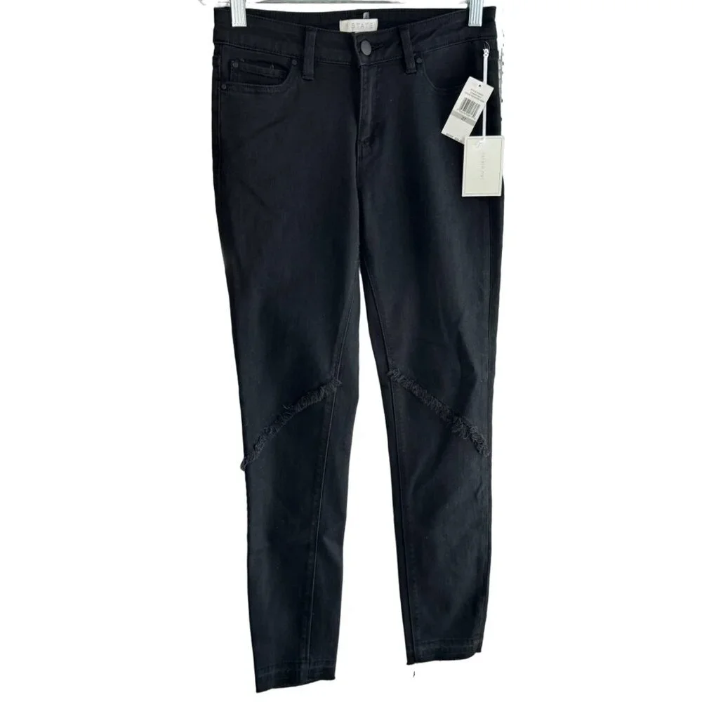 1.STATE Frayed Released Hem Skinny Black Jeans Womens Size 27 Super Wash Denim - Picture 2 of 12